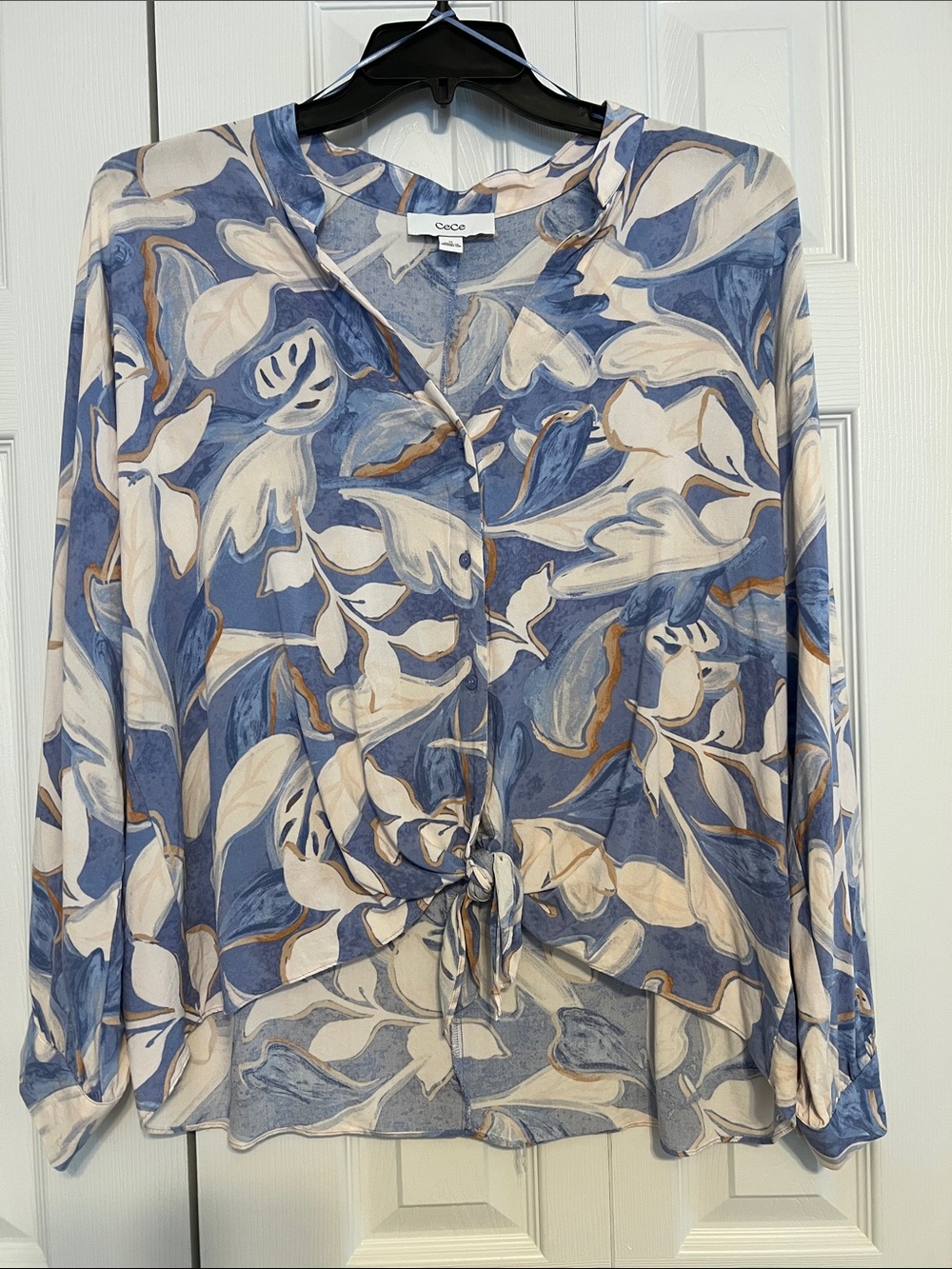 CeCe Blue and Cream Tie-Front Botanical Blouse
